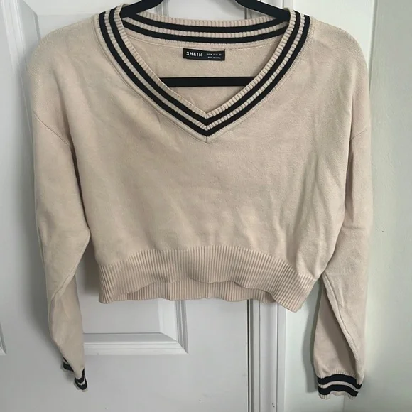 SHEIN Sweaters Beige And Black Varsity Stripe V Neck Cropped
